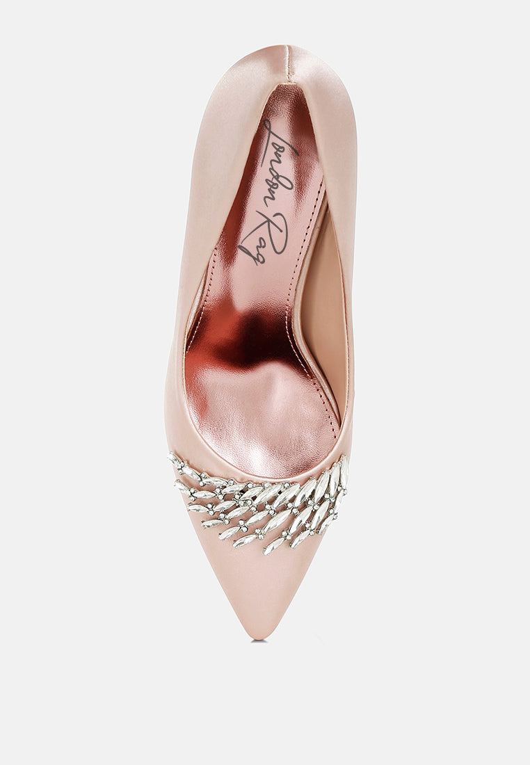 Blush Diamante Brooch Detail Satin Pumps by London Rag – satin pointed-toe pumps with a diamante brooch detail, stiletto heel, and cushioned insole, back view