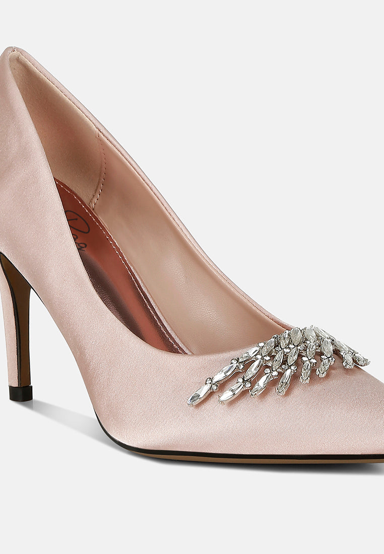 Blush Diamante Brooch Detail Satin Pumps by London Rag – satin pointed-toe pumps with a diamante brooch detail, stiletto heel, and cushioned insole, sole and heel view