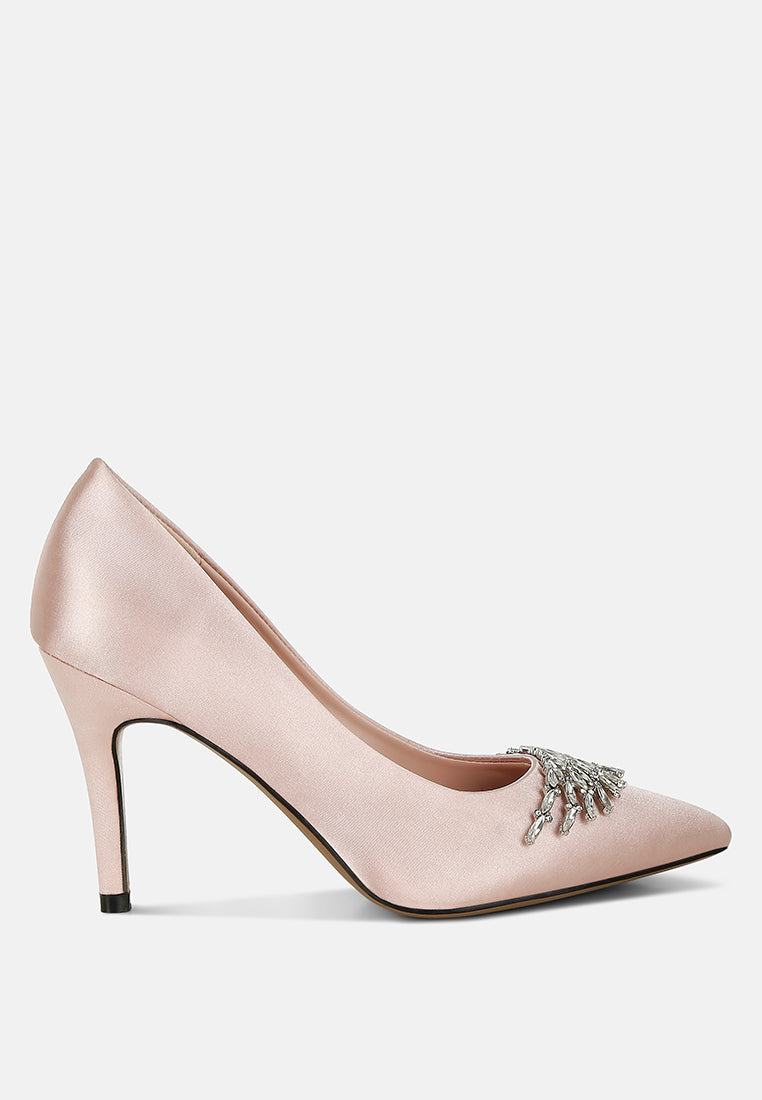 Blush Diamante Brooch Detail Satin Pumps by London Rag – satin pointed-toe pumps with a diamante brooch detail, stiletto heel, and cushioned insole, front view