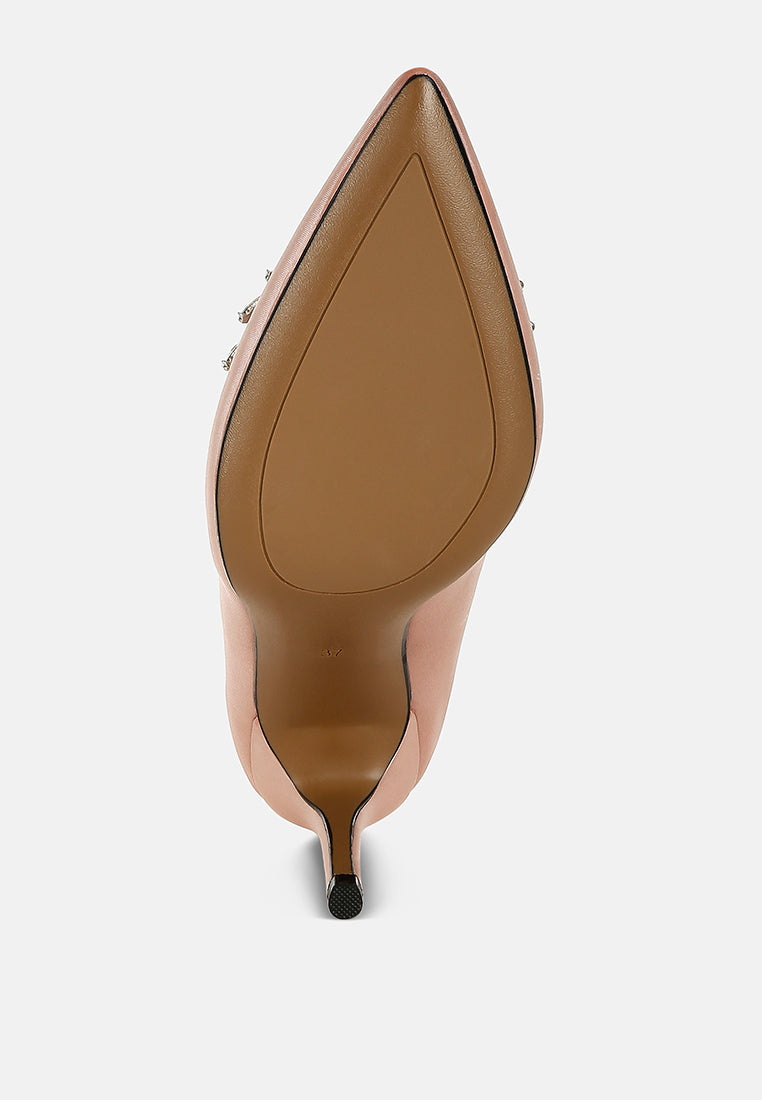Blush Diamante Brooch Detail Satin Pumps by London Rag – satin pointed-toe pumps with a diamante brooch detail, stiletto heel, and cushioned insole, close-up detail view