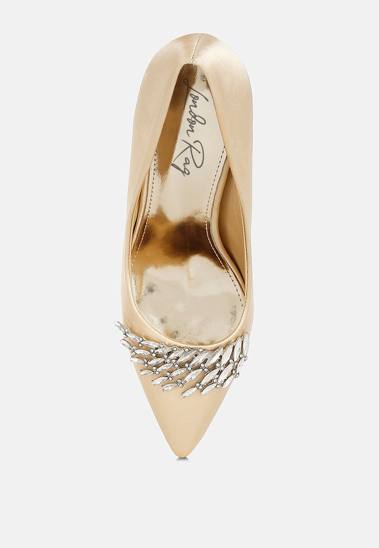 Gold Diamante Brooch Detail Satin Pumps by London Rag – satin pointed-toe pumps with a diamante brooch detail, stiletto heel, and cushioned insole, back view