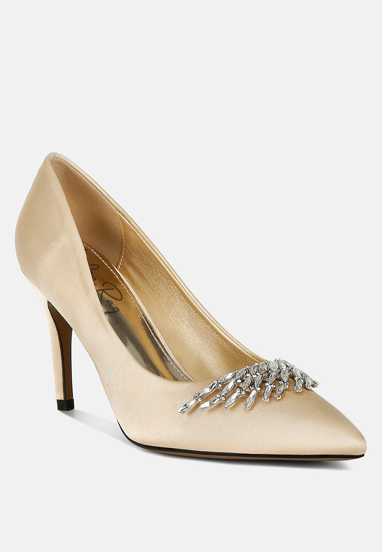 Gold Diamante Brooch Detail Satin Pumps by London Rag – satin pointed-toe pumps with a diamante brooch detail, stiletto heel, and cushioned insole, side profile view