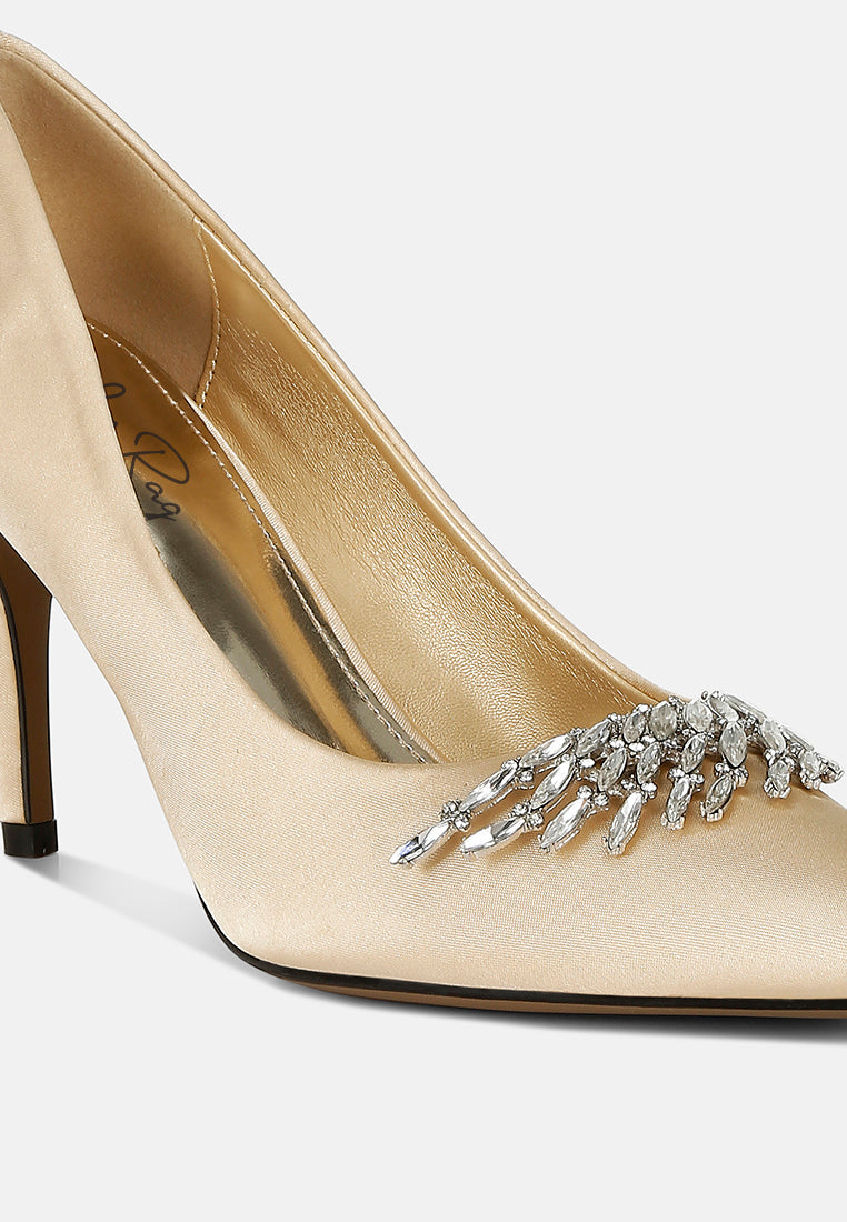 Gold Diamante Brooch Detail Satin Pumps by London Rag – satin pointed-toe pumps with a diamante brooch detail, stiletto heel, and cushioned insole, sole and heel view