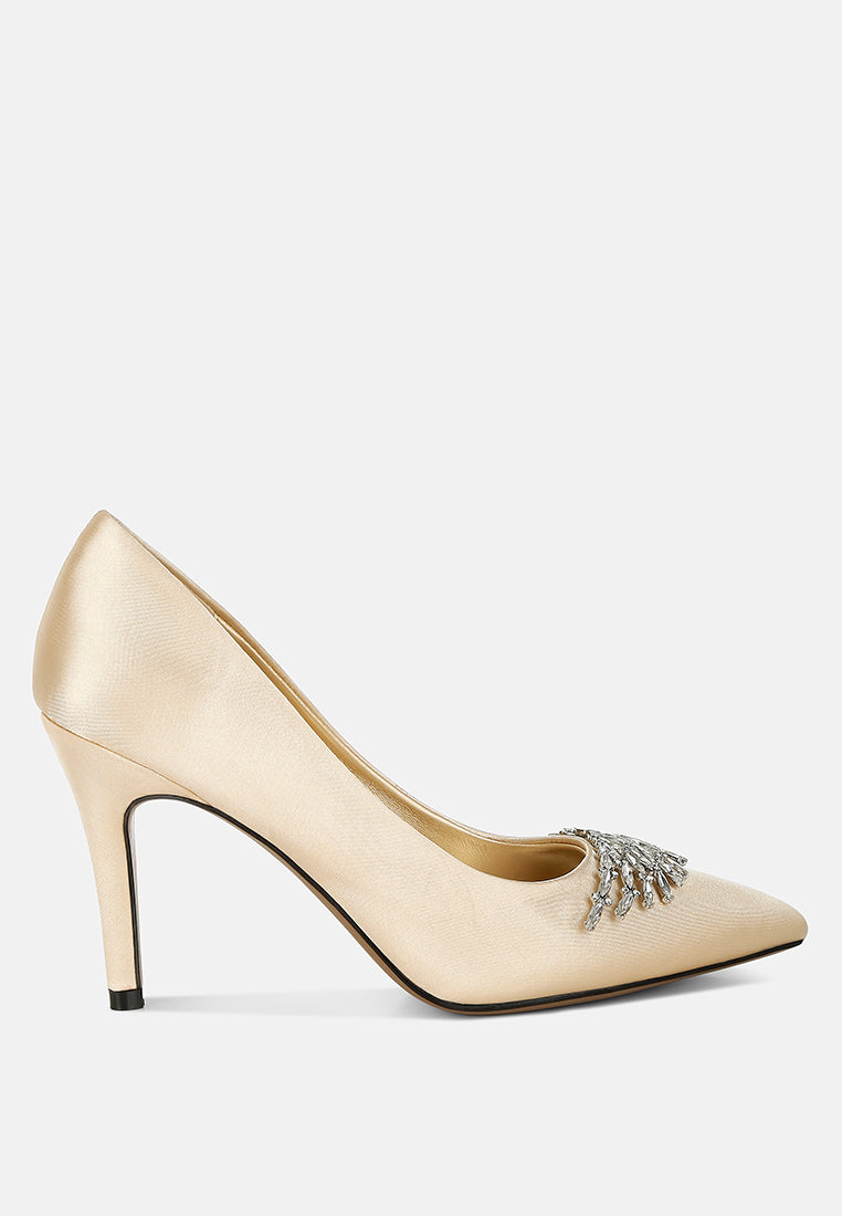 Gold Diamante Brooch Detail Satin Pumps by London Rag – satin pointed-toe pumps with a diamante brooch detail, stiletto heel, and cushioned insole, front view