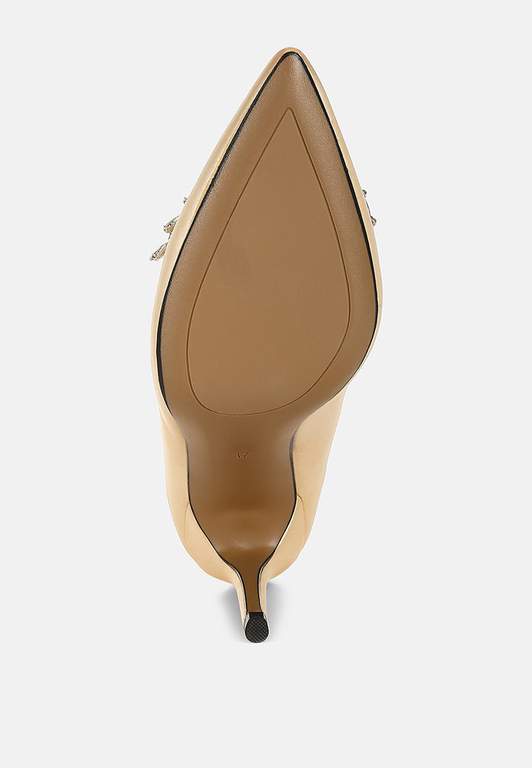 Gold Diamante Brooch Detail Satin Pumps by London Rag – satin pointed-toe pumps with a diamante brooch detail, stiletto heel, and cushioned insole, close-up detail view