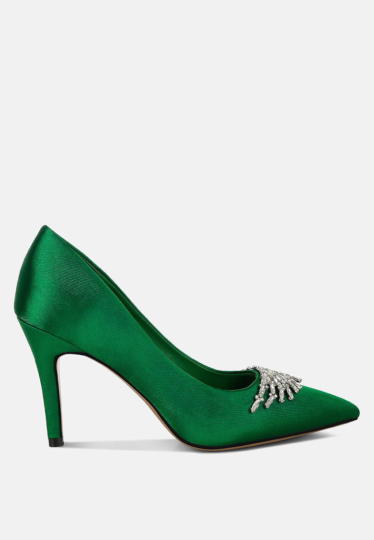 Green Diamante Brooch Detail Satin Pumps by London Rag – satin pointed-toe pumps with a diamante brooch detail, stiletto heel, and cushioned insole, front view