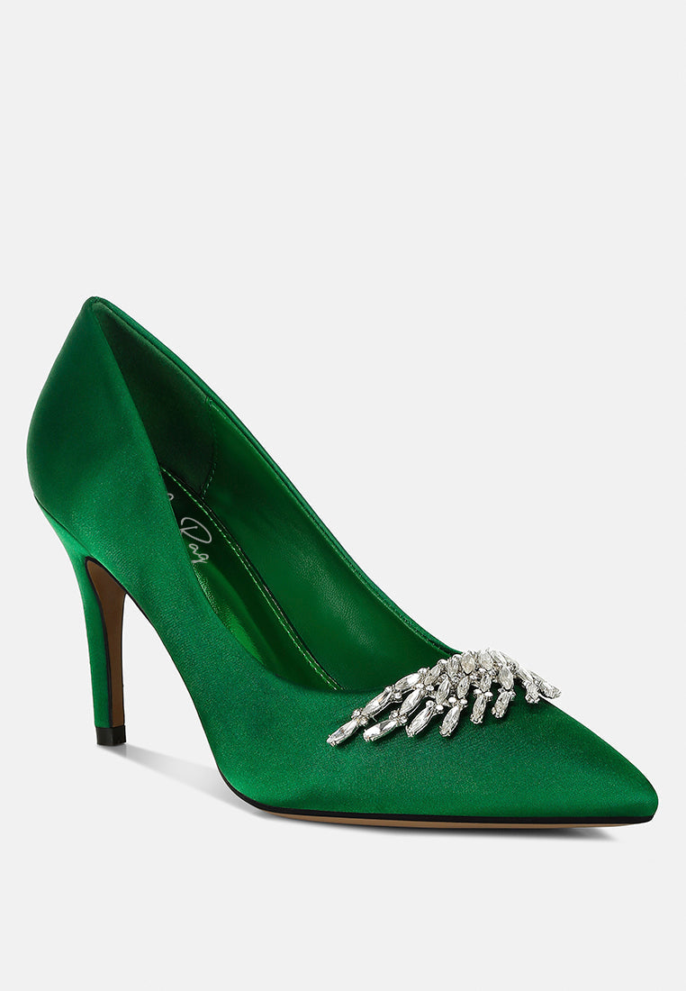 Green Diamante Brooch Detail Satin Pumps by London Rag – satin pointed-toe pumps with a diamante brooch detail, stiletto heel, and cushioned insole, side profile view