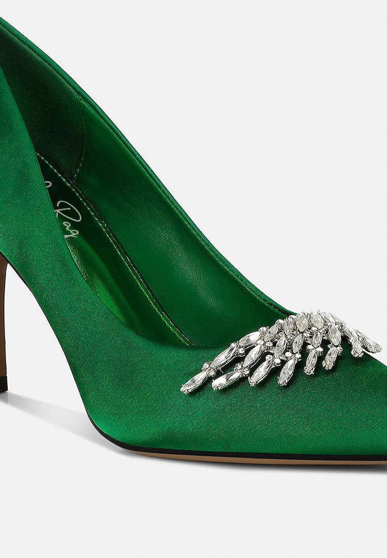 Green Diamante Brooch Detail Satin Pumps by London Rag – satin pointed-toe pumps with a diamante brooch detail, stiletto heel, and cushioned insole, sole and heel view