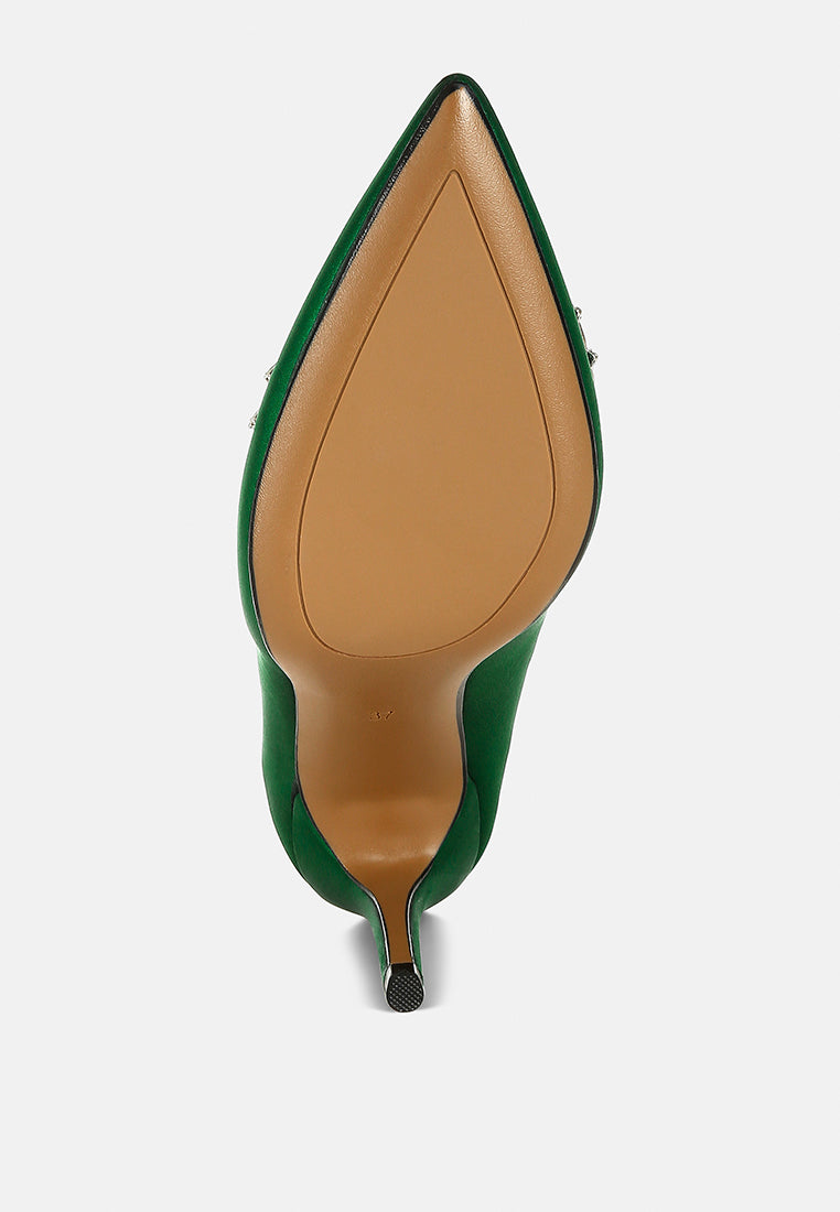 Green Diamante Brooch Detail Satin Pumps by London Rag – satin pointed-toe pumps with a diamante brooch detail, stiletto heel, and cushioned insole, close-up detail view
