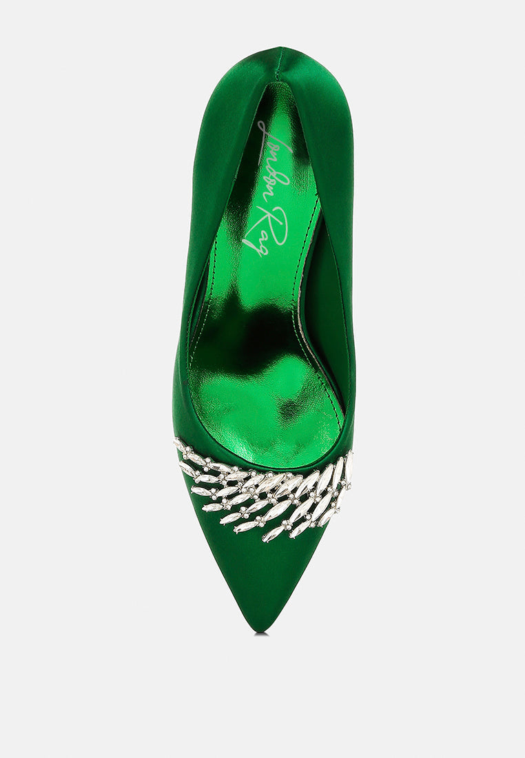 Green Diamante Brooch Detail Satin Pumps by London Rag – satin pointed-toe pumps with a diamante brooch detail, stiletto heel, and cushioned insole, back view