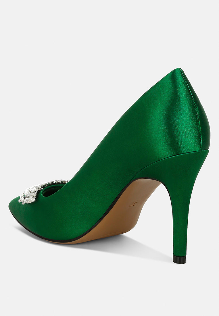 Green Diamante Brooch Detail Satin Pumps by London Rag – satin pointed-toe pumps with a diamante brooch detail, stiletto heel, and cushioned insole, angled view