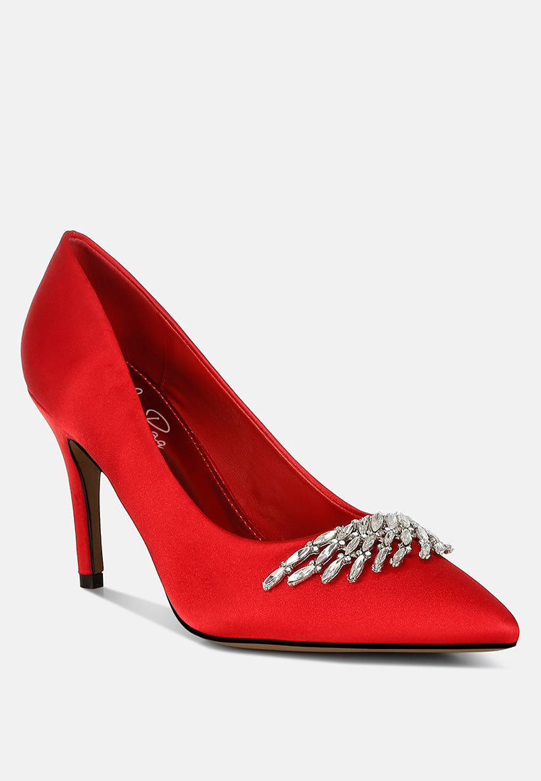 Red Diamante Brooch Detail Satin Pumps by London Rag – satin pointed-toe pumps with a diamante brooch detail, stiletto heel, and cushioned insole, side profile view