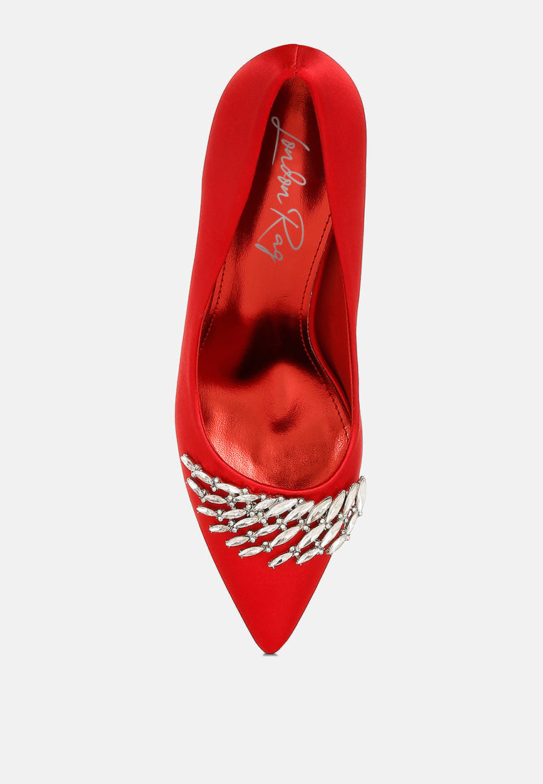 Red Diamante Brooch Detail Satin Pumps by London Rag – satin pointed-toe pumps with a diamante brooch detail, stiletto heel, and cushioned insole, back view