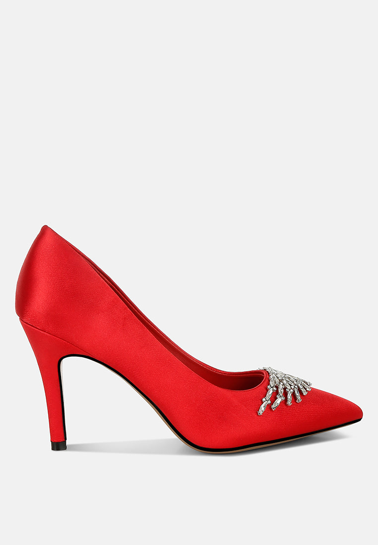 Red Diamante Brooch Detail Satin Pumps by London Rag – satin pointed-toe pumps with a diamante brooch detail, stiletto heel, and cushioned insole, front view