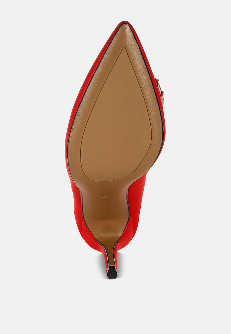 Red Diamante Brooch Detail Satin Pumps by London Rag – satin pointed-toe pumps with a diamante brooch detail, stiletto heel, and cushioned insole, close-up detail view
