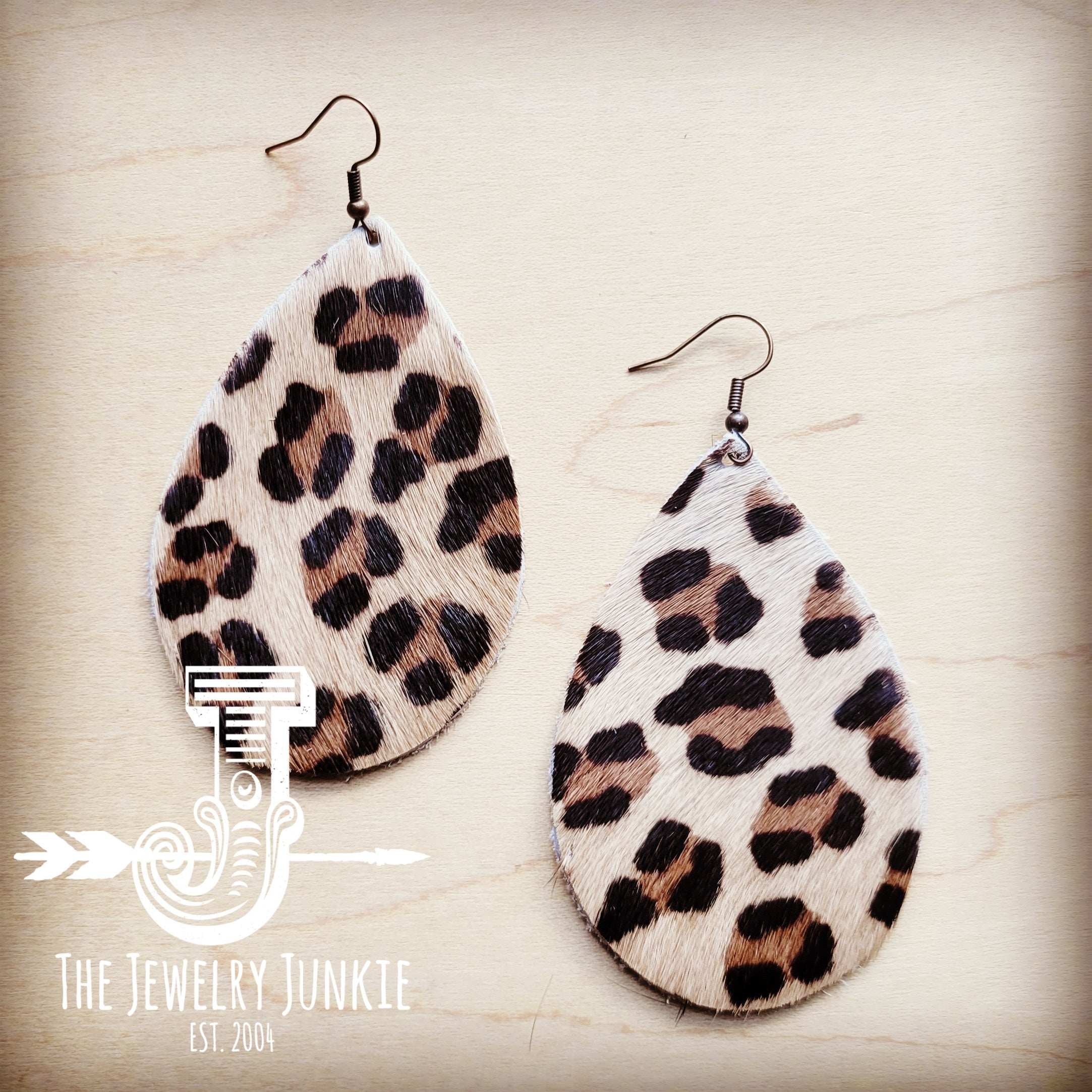 **Leather Teardrop Earrings in Hair on Hide Mini Leopard 222p by The Jewelry Junkie