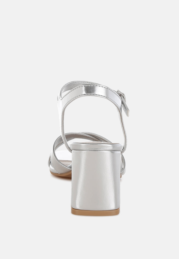 Silver Square Toe Block Heel Sandals by London Rag – square-toe block heel sandals in faux leather with an ankle strap and cushioned insole, close-up detail view