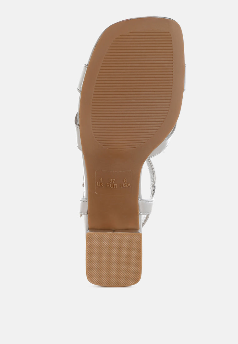 Silver Square Toe Block Heel Sandals by London Rag – square-toe block heel sandals in faux leather with an ankle strap and cushioned insole, styled full view