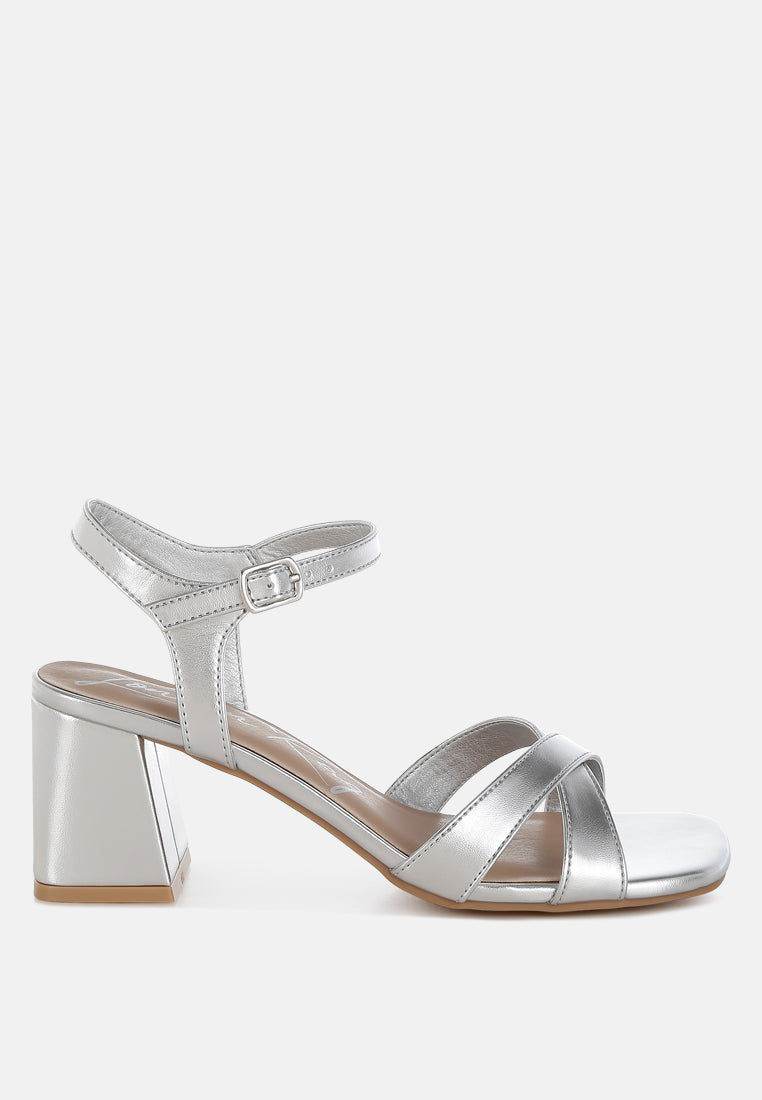Silver Square Toe Block Heel Sandals by London Rag – square-toe block heel sandals in faux leather with an ankle strap and cushioned insole, front view