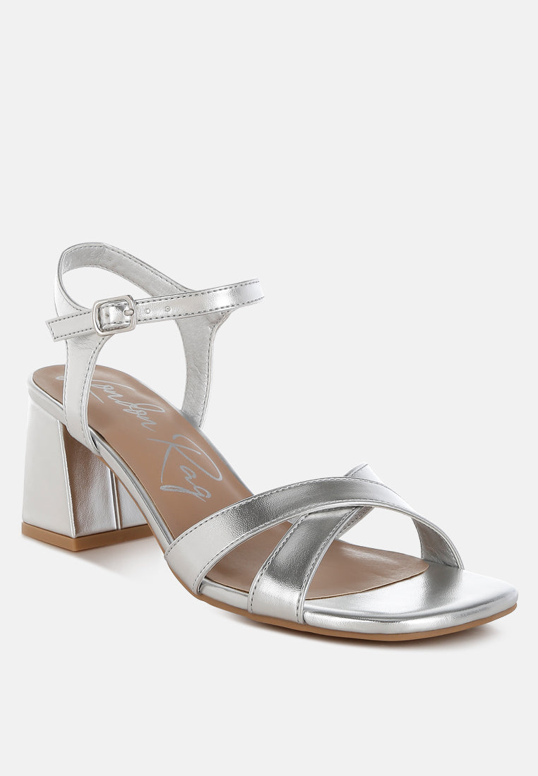 Silver Square Toe Block Heel Sandals by London Rag – square-toe block heel sandals in faux leather with an ankle strap and cushioned insole, side profile view