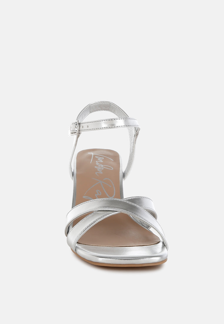 Silver Square Toe Block Heel Sandals by London Rag – square-toe block heel sandals in faux leather with an ankle strap and cushioned insole, back view