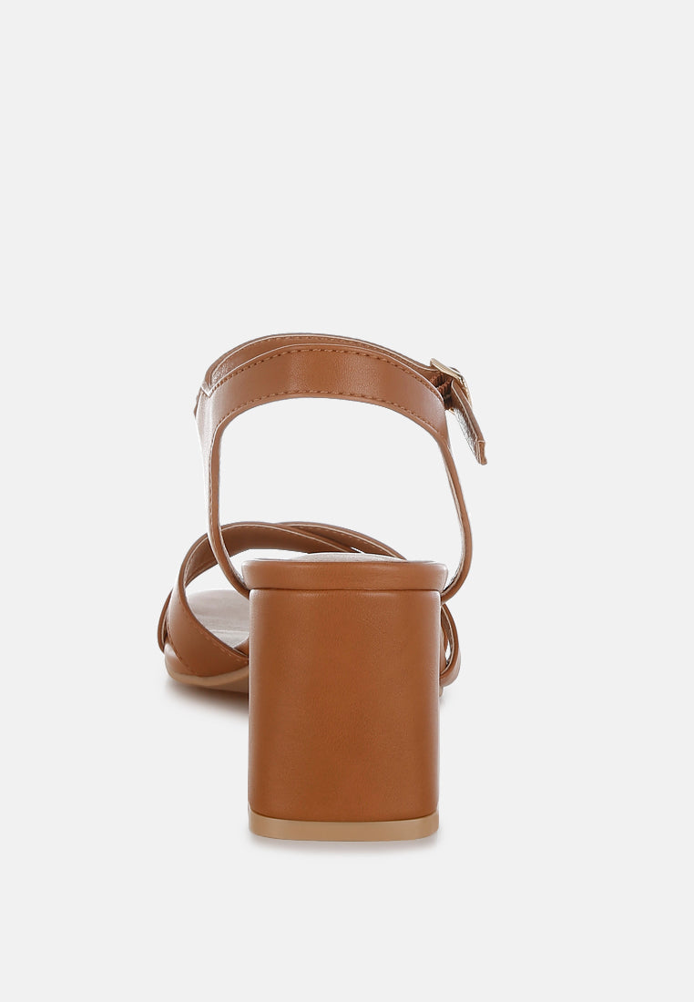Tan Square Toe Block Heel Sandals by London Rag – square-toe block heel sandals in faux leather with an ankle strap and cushioned insole, close-up detail view