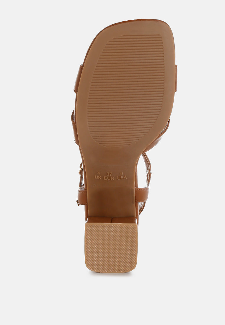 Tan Square Toe Block Heel Sandals by London Rag – square-toe block heel sandals in faux leather with an ankle strap and cushioned insole, styled full view
