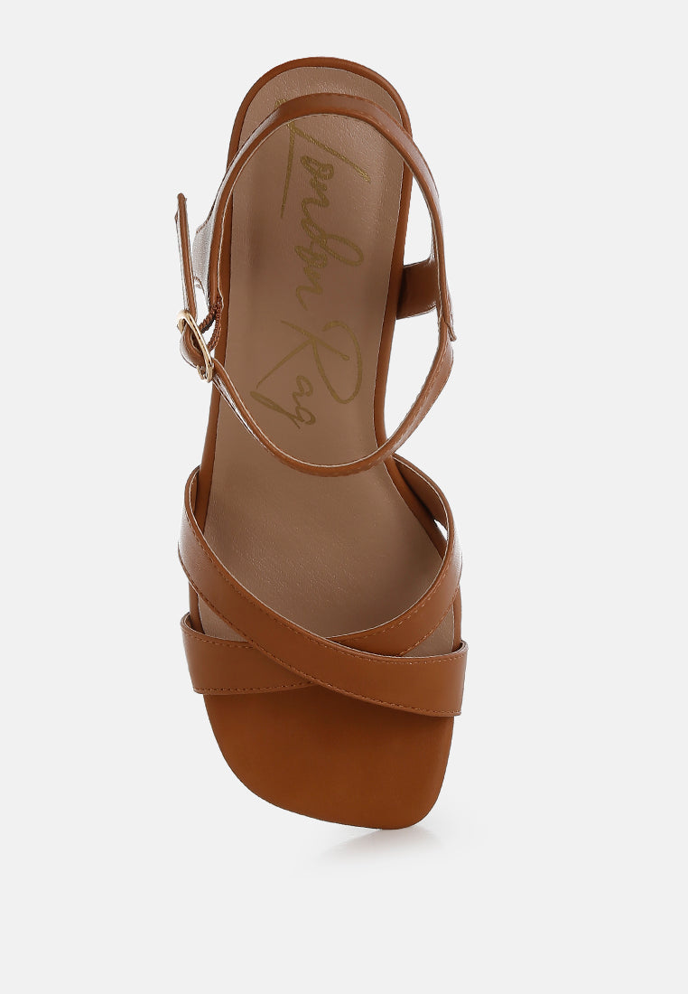 Tan Square Toe Block Heel Sandals by London Rag – square-toe block heel sandals in faux leather with an ankle strap and cushioned insole, sole and heel view