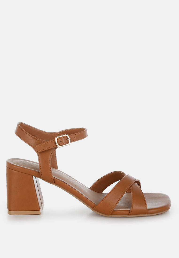 Tan Square Toe Block Heel Sandals by London Rag – square-toe block heel sandals in faux leather with an ankle strap and cushioned insole, front view