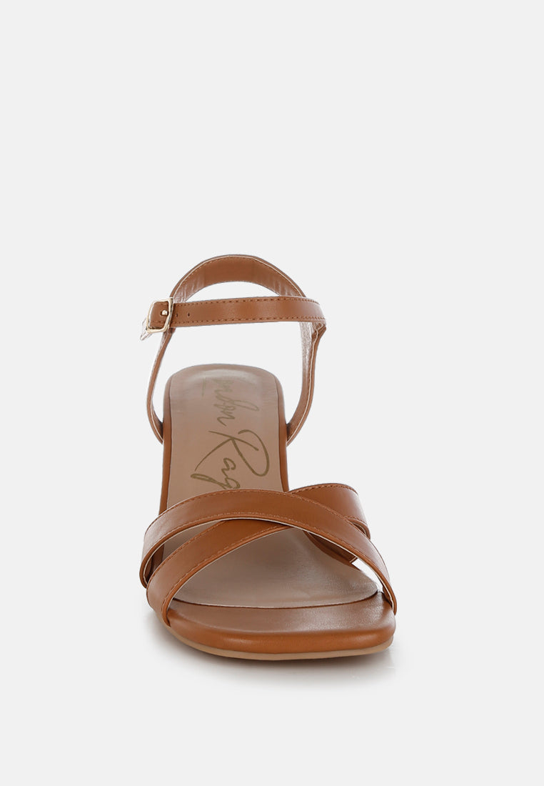 Tan Square Toe Block Heel Sandals by London Rag – square-toe block heel sandals in faux leather with an ankle strap and cushioned insole, back view