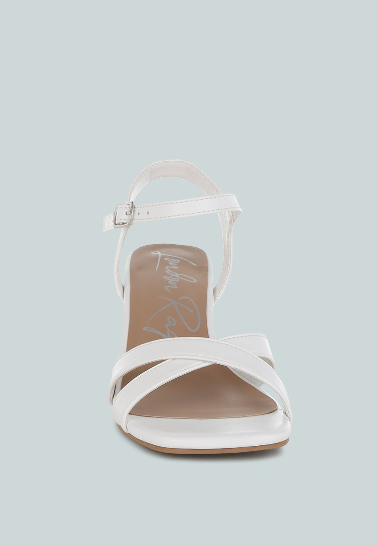 White Square Toe Block Heel Sandals by London Rag – square-toe block heel sandals in faux leather with an ankle strap and cushioned insole, back view