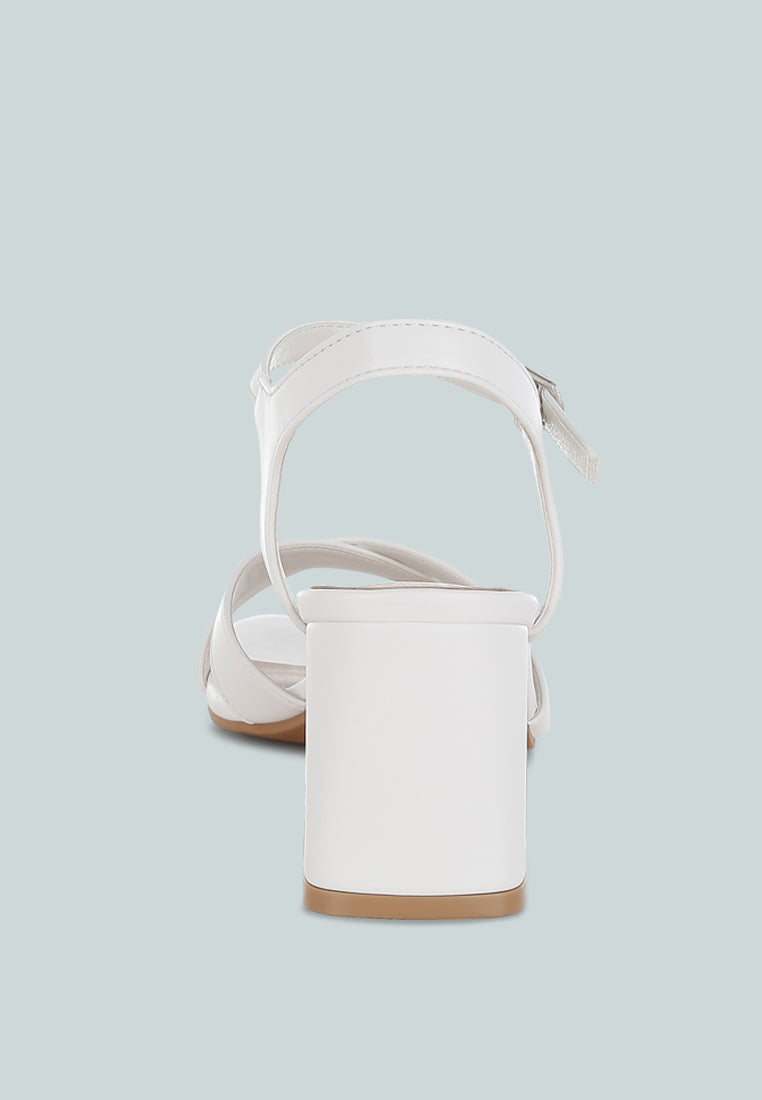White Square Toe Block Heel Sandals by London Rag – square-toe block heel sandals in faux leather with an ankle strap and cushioned insole, close-up detail view
