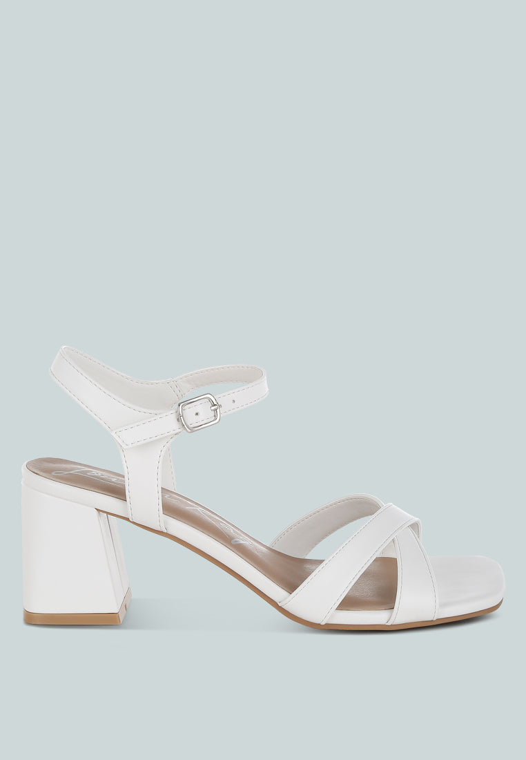 White Square Toe Block Heel Sandals by London Rag – square-toe block heel sandals in faux leather with an ankle strap and cushioned insole, front view
