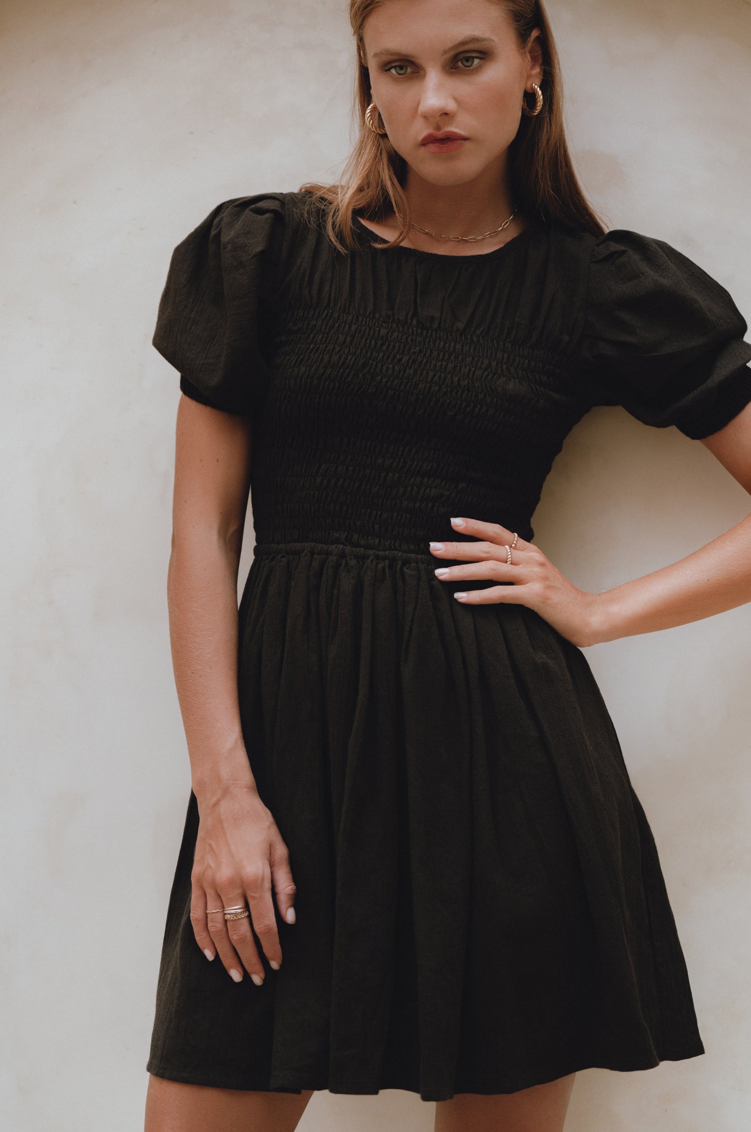 Elodie Smocked Linen Mini Dress by Bali Lane