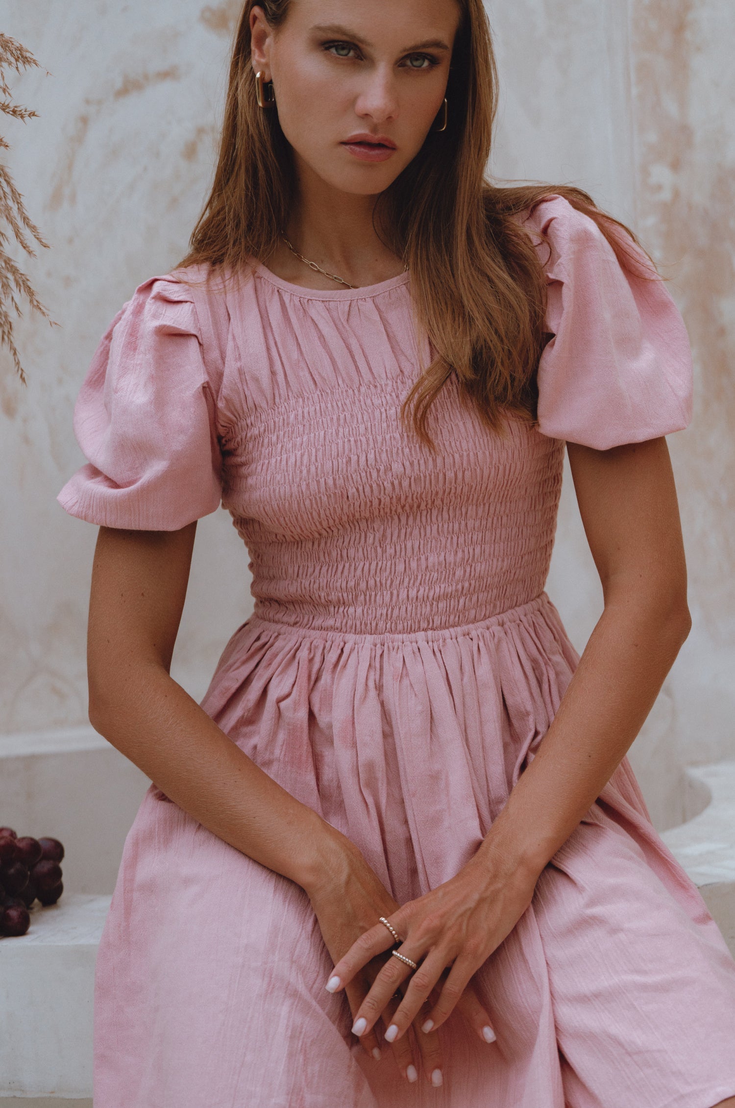 Elodie Smocked Linen Mini Dress by Bali Lane