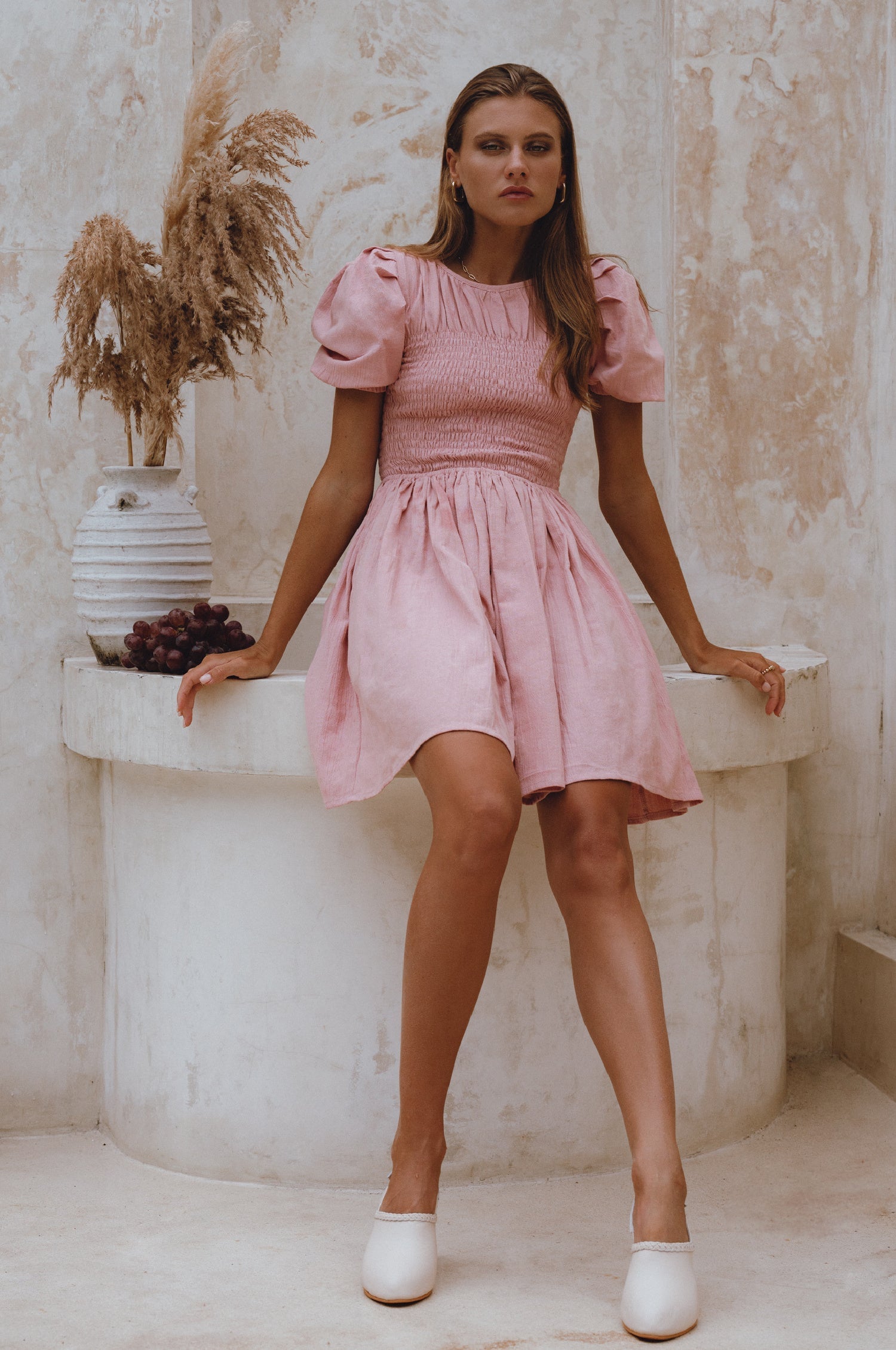 Elodie Smocked Linen Mini Dress by Bali Lane