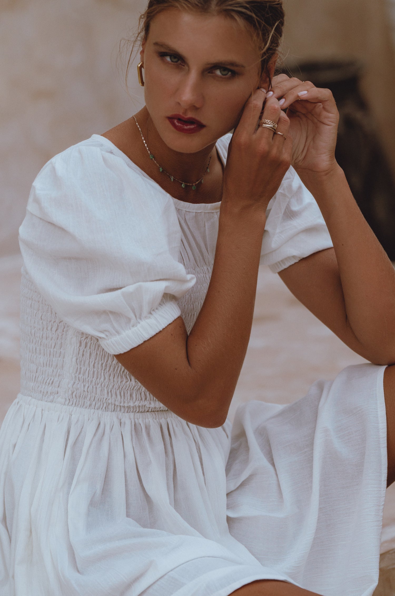 Elodie Smocked Linen Mini Dress by Bali Lane