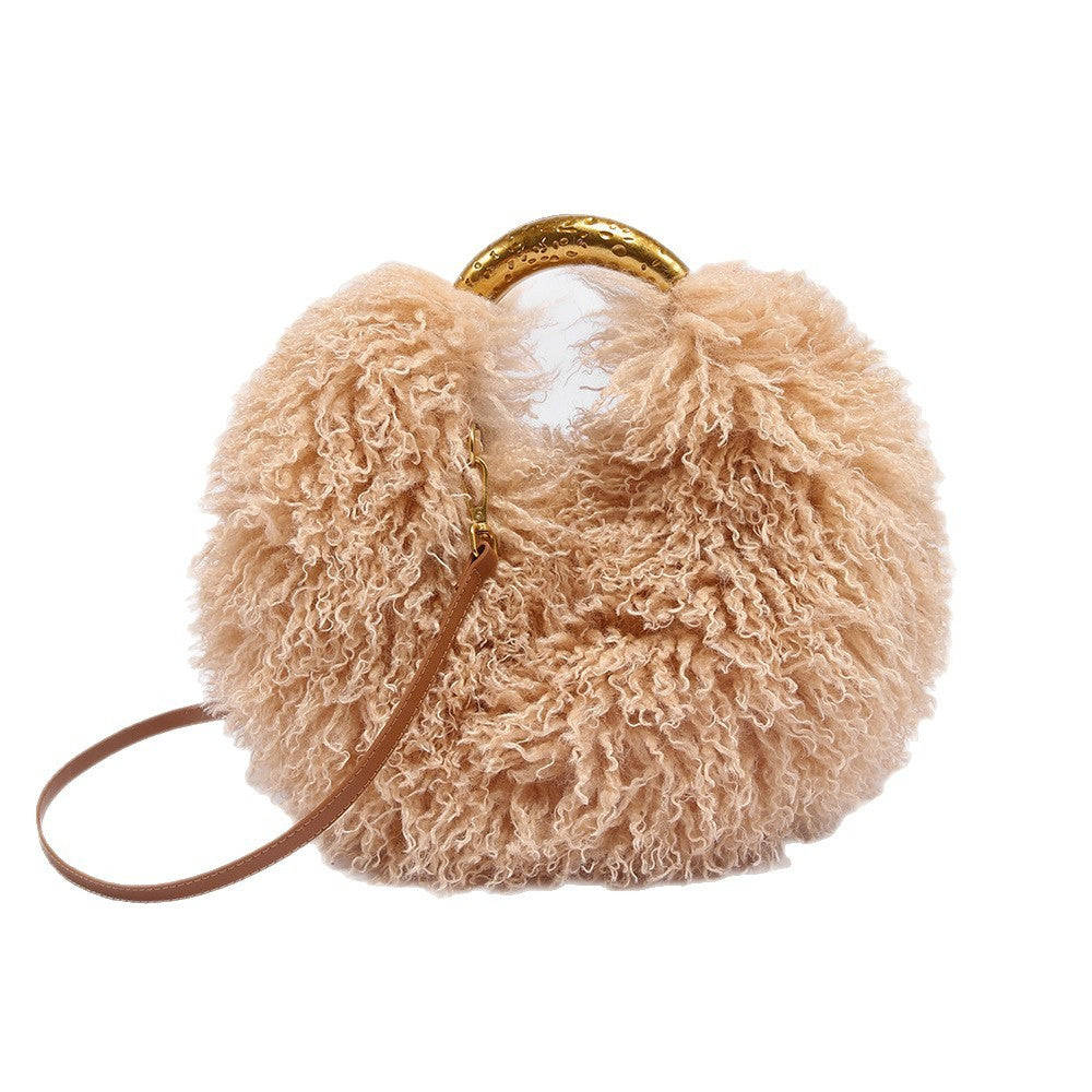 Big Fur Energy Tote - round faux fur bag with gold ring handle