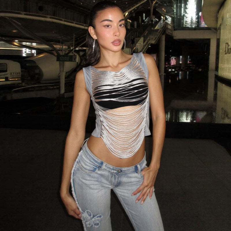 Chrome Cut-Out Crop Top in silver