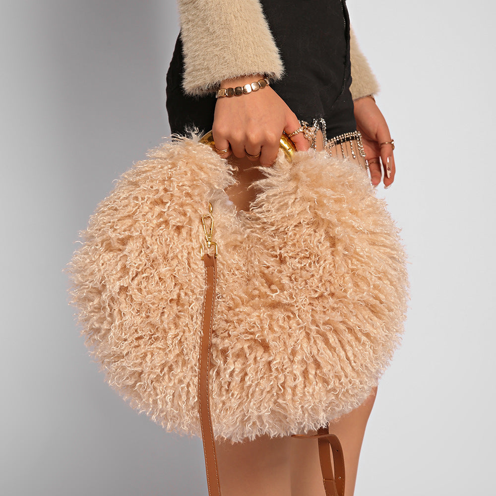 Big Fur Energy Tote - fluffy faux fur round tote bag