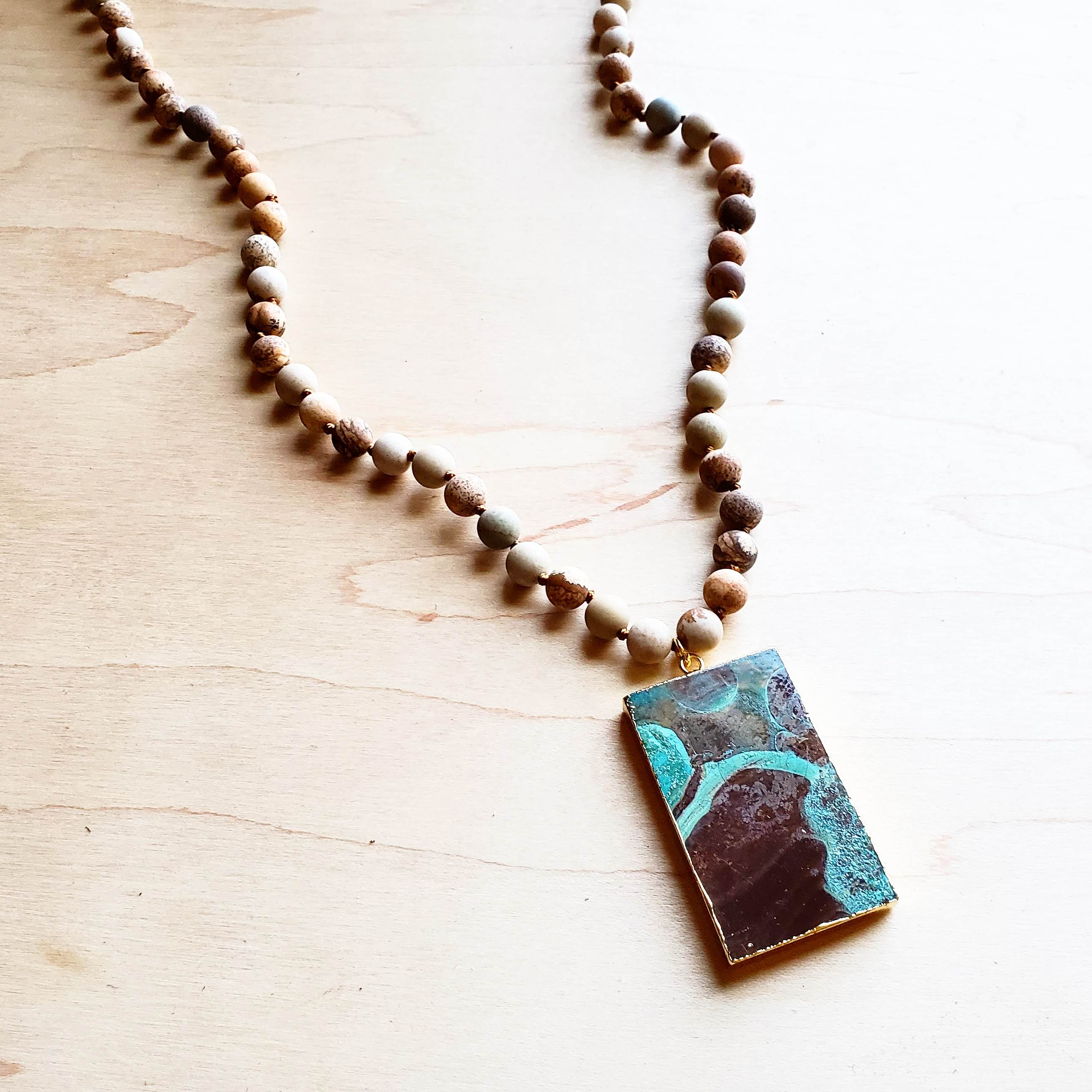 Bohemian Natural JASPER Beaded Necklace with Ocean Agate Pendant 245u by The Jewelry Junkie