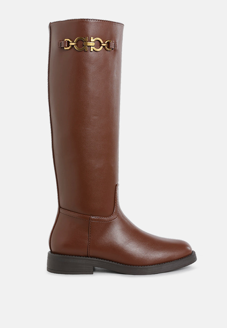 Tan Metal Chain Link Detail Calf Boots by London Rag – knee-high calf boots with bold metallic chain link accents and a side zipper closure, front view