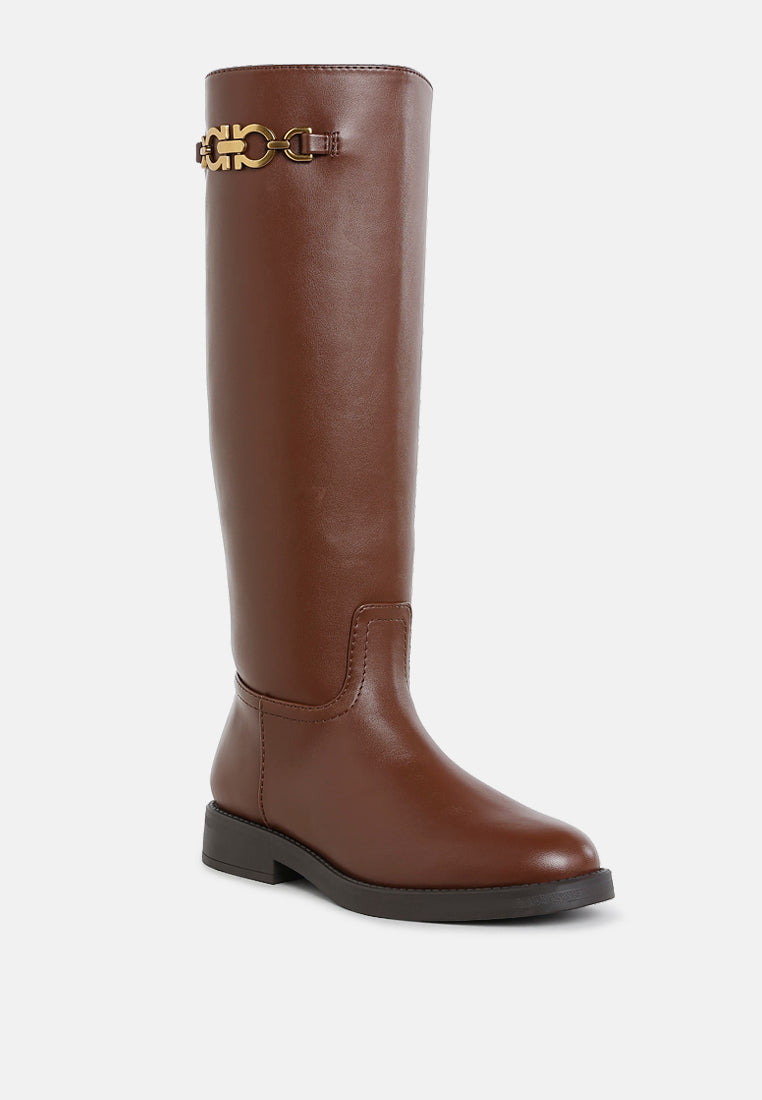 Tan Metal Chain Link Detail Calf Boots by London Rag – knee-high calf boots with bold metallic chain link accents and a side zipper closure, side profile view