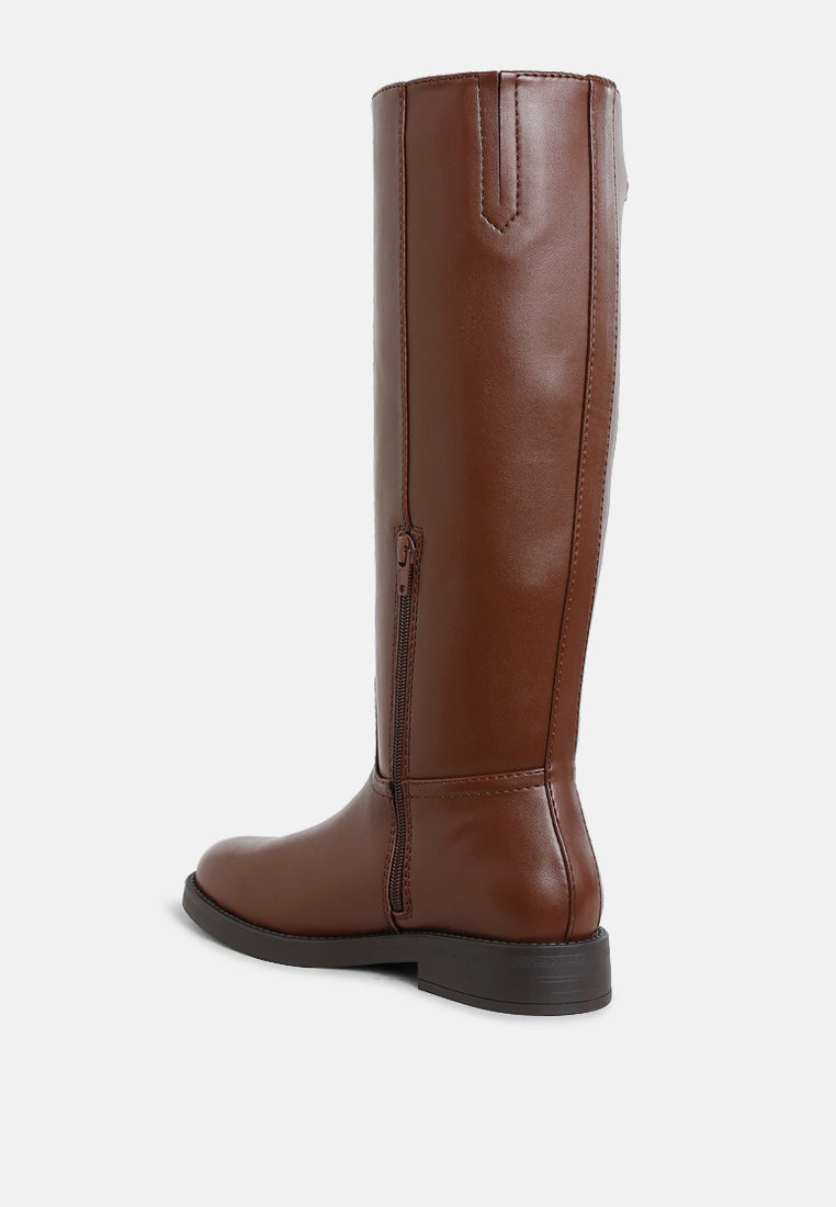 Tan Metal Chain Link Detail Calf Boots by London Rag – knee-high calf boots with bold metallic chain link accents and a side zipper closure, angled view