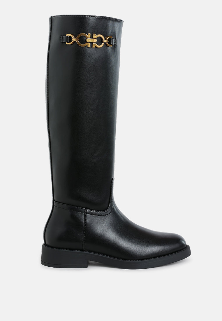 Metal Chain Link Detail Calf Boots by London Rag – knee-high calf boots with bold metallic chain link accents and a side zipper closure, close-up detail shot