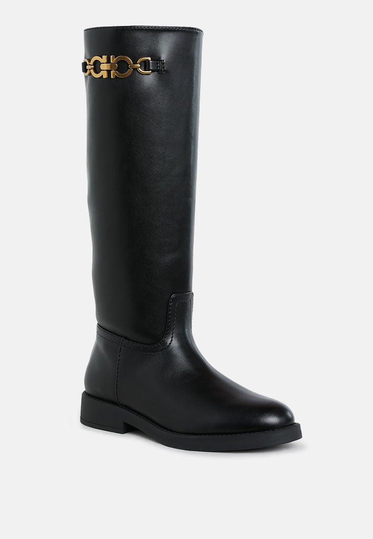 Metal Chain Link Detail Calf Boots by London Rag – knee-high calf boots with bold metallic chain link accents and a side zipper closure, side detail shot