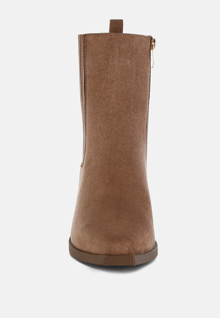 Beige High Ankle Microfiber Chelsea Boots by London Rag – high ankle Chelsea boots in premium microfiber with a slanted block heel and pull tabs, close-up detail view