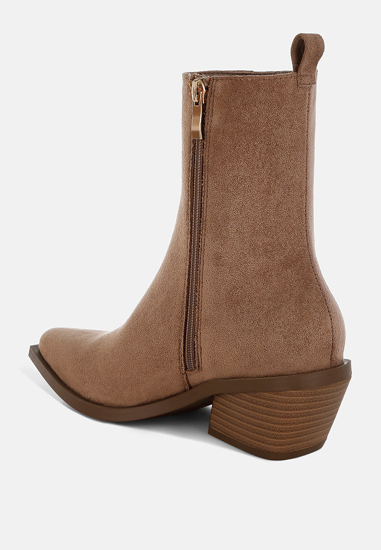 Beige High Ankle Microfiber Chelsea Boots by London Rag – high ankle Chelsea boots in premium microfiber with a slanted block heel and pull tabs, back view