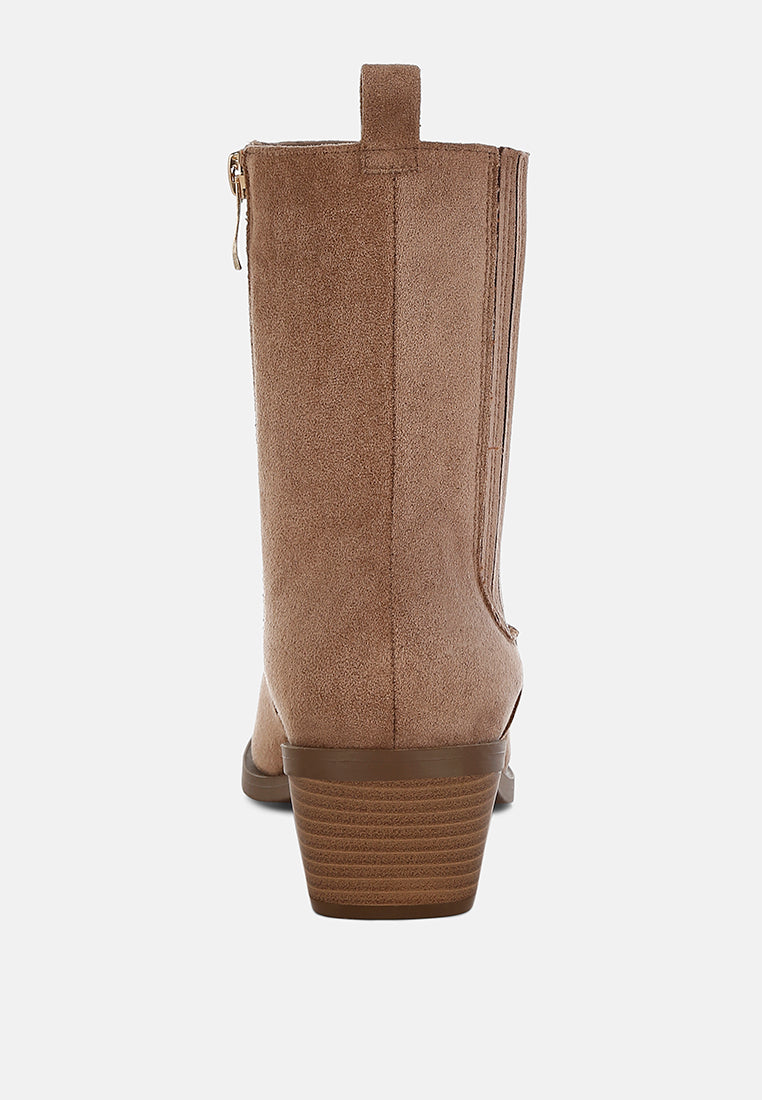 Beige High Ankle Microfiber Chelsea Boots by London Rag – high ankle Chelsea boots in premium microfiber with a slanted block heel and pull tabs, sole and heel view