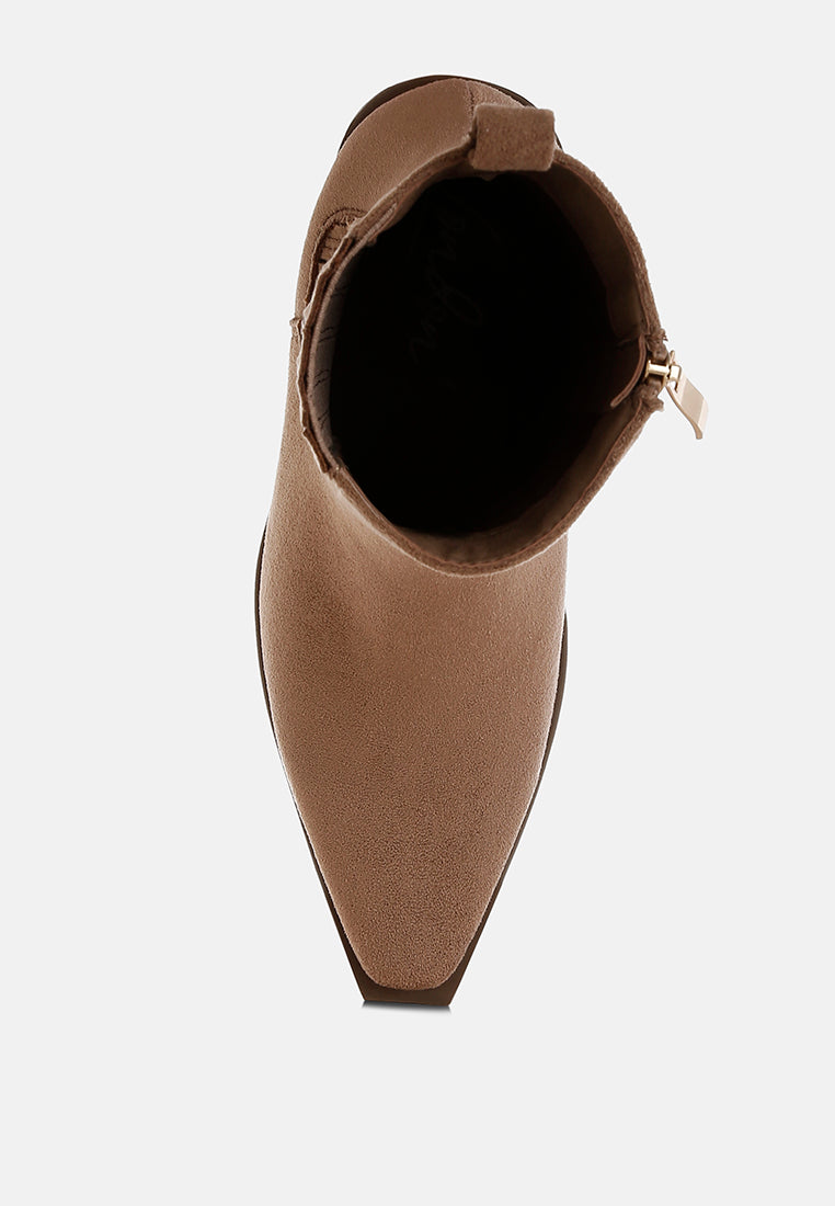 Beige High Ankle Microfiber Chelsea Boots by London Rag – high ankle Chelsea boots in premium microfiber with a slanted block heel and pull tabs, styled full view